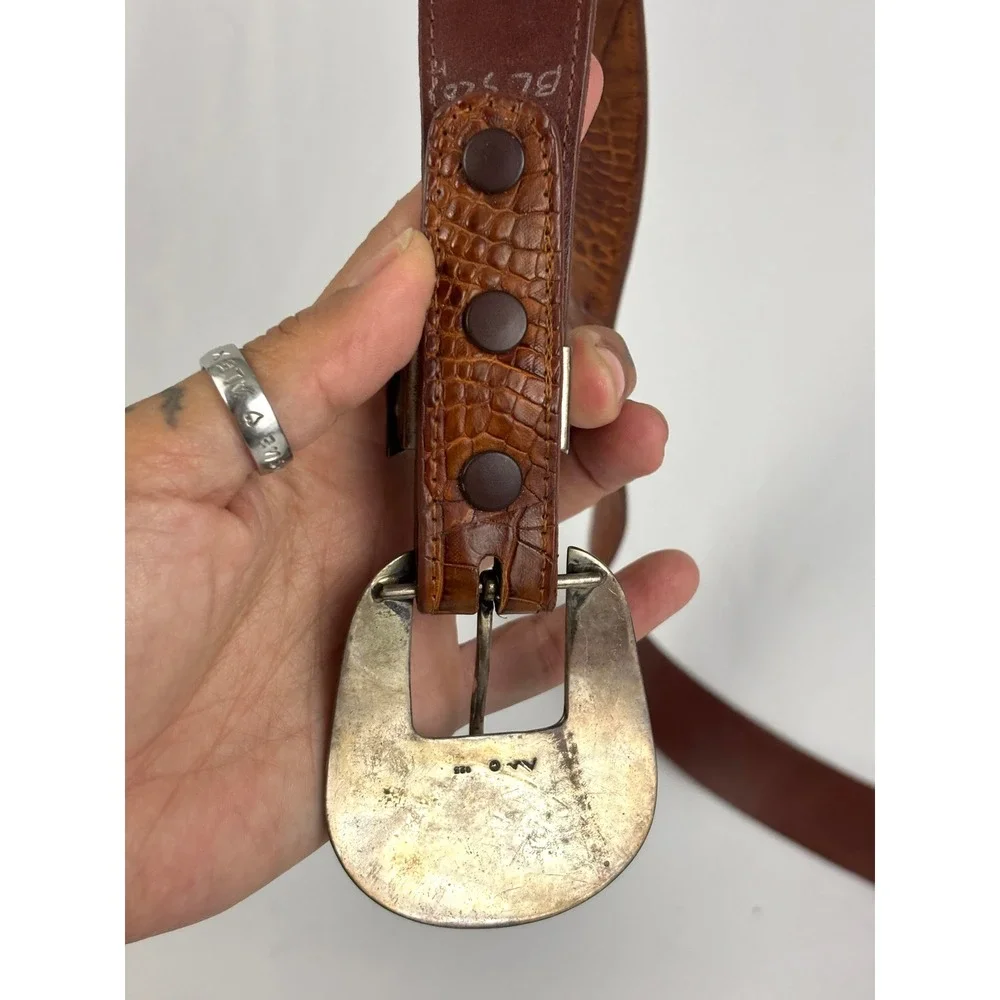 Vintage Alligator Belt Sterling Turquoise Inlay‎ Signed Buckle Set 28 Rare